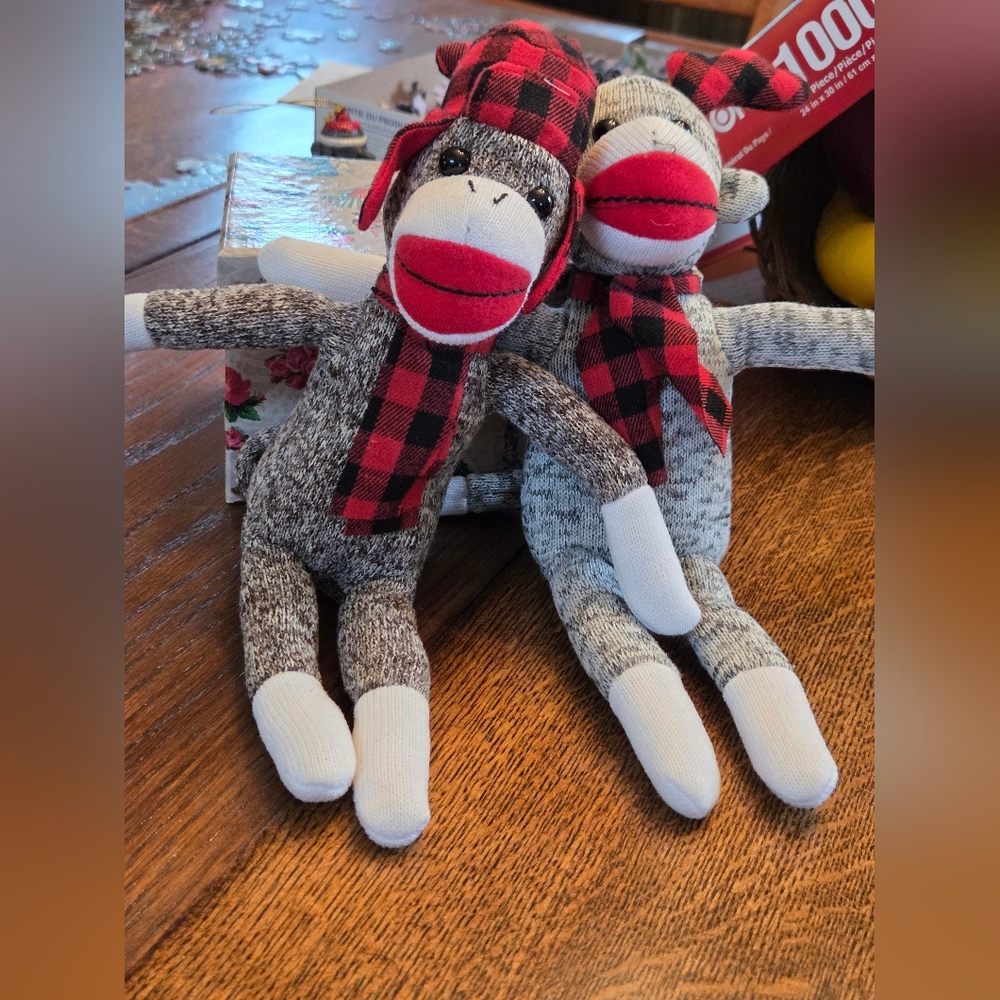 Sock Monkey Pair with Buffalo Plaid Hat and Antlers